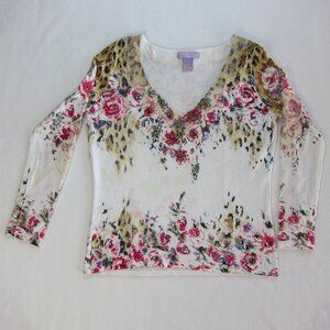Vermani Womens Top Knit Blouse Pullover Floral Ivory Sequins Long Sleeve Size S